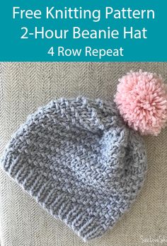 a knitted beanie with a pink pom - pom on top and the text free knitting pattern 2 hour beanie hat 4 row repeat