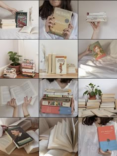 there are many different pictures of books on the table and in front of each other