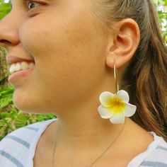 Plumeria Flower Hoops Fun Hawaiian Pink plumeria flowers on 14k gold fill endless hoops. Hoops approx. 50mm. Shop~ http://www.etsy.com/shop/HanaMauiCreations?ref=pr_shop_more International buyers please read our shipping policies before ordering~ POLICIES~ https://www.etsy.com/shop/HanaMauiCreations/policy?ref=shopinfo_policies_leftnav White Flower Jewelry For Vacation, Gold Flower Earrings For Beach, Flower-shaped Earrings For Vacation, Flower Shaped Hoop Earrings For Summer, Adjustable Flower Earrings For Vacation, Adjustable Flower-shaped Earrings For Vacation, Hawaii Beach Party, Beach Party Accessories, Surfer Girl Gifts