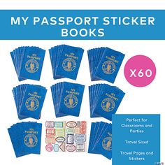 the passport sticker books are blue with gold foil on them and there is an image of