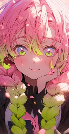 an anime character with pink hair and green eyes