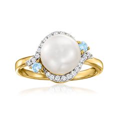 Ross-Simons - 8.5-9mm Cultured Pearl, 2.30ct t. w. White Zircon, .10ct t. w. Swiss Blue Topaz Ring Over Sterling. Size 9. Make any outfit instantly elegant with this lovely ring, featuring an 8.5-9mm cultured freshwater pearl amid 2.30 ct. t. w. round white zircon curves and heavenly .10 ct. t. w. Swiss blue topaz rounds. Crafted in polished 18kt yellow gold over sterling silver. 3/8" wide. Swiss blue topaz, white zircon and white pearl ring. Pearl birthstones are the perfect gift for June birth White Pearl Ring, Swiss Blue Topaz Ring, Pearl Birthstone, Ring Pearl, Swiss Blue Topaz, Lovely Ring, Blue Topaz Ring, Topaz Ring, Pearl Ring