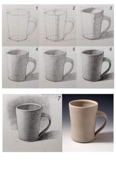 the steps to draw a coffee cup with pencils on paper, and then in photoshopped