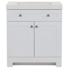 a white sink cabinet with two doors and one drawer on the left side, against a white background