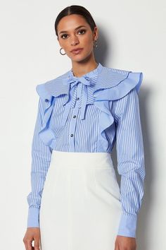 Wondering what to wear? Pick this striped cotton top. It comes complete with a pussybow tie, ruffle trims at the shoulder and buttoned front. Breastfeeding Fashion, Proper Attire, Striped Dresses, Doll Blouse, Stripe Long Sleeve, Dress Shirt Sleeves, Check Dress, Shirt Collection, Karen Millen