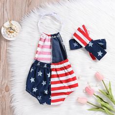 US Flag Romoper - The Childrens Firm Summer Cotton Stretch Onesie, Fitted Multicolor Cotton Bodysuit, Cute Stretch Onesie For Summer, Red Cotton Bodysuit For Spring, Spring Red Cotton Bodysuit, Cute Stretch Summer Onesie, Multicolor Cotton Bodysuit For Playtime, Multicolor Cotton Playtime Bodysuit, Multicolor Cotton Bodysuit For Spring