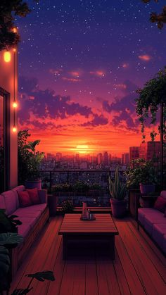 the sun is setting over a city with lots of plants and couches on it