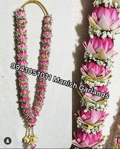 two pictures of pink flowers with white and yellow beads on them, one is hanging from a hook