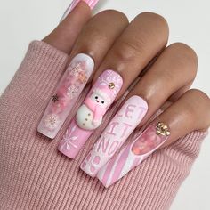 Christmas Nails Winter, Pink Press On Nails, Snow Nails, Snowman Nails, Christmas Nail Art Easy, Nails Holiday, Gel Nails Diy, Nails Winter, Nails Christmas