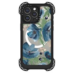 the back of an iphone case with blue flowers and green leaves on it's sides