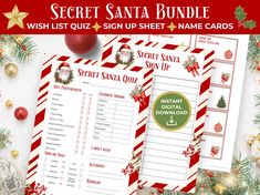 the secret santa printable christmas wish list is on display next to other holiday items