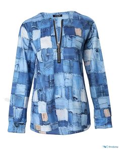 OrcaJump - Contemporary Denim-Inspired Printed Long Sleeve Top with Chic Zipper Accents Blue Casual Top With Zipper Closure, Casual Blue Top With Zipper Closure, Denim Jumpsuit Short, Denim Short Sleeve Shirt, Jumpsuit Short Sleeve, Top With Zipper, Short Sleeve Shirt Women, Print Top, Shirts & Tops