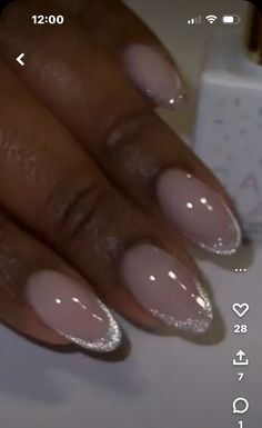 White Shimmer French Tips, Oval Prom Nails, Silver Nails For Homecoming, Year 10 Formal Nails, Prom Nail Inspo Elegant, Cute Winter Formal Nails, French Tip Hoco Nails, Homecoming Nail Inspo Almond, Silver Nails Inspo Prom