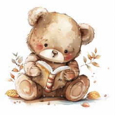 a brown teddy bear sitting on top of a pile of leaves and reading a book