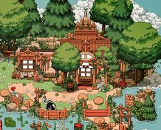 an image of a cartoon house in the middle of some trees and bushes with animals around it