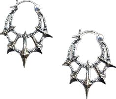 Gothic Oxidized Metal Earrings, Gothic Metal Jewelry With Spikes, Gothic Silver Earrings With Oxidized Finish, Edgy Silver Earrings For Festival, Edgy Sterling Silver Pierced Hoop Earrings, Silver Gothic Plug Earrings For Festival, Gothic Horned Metal Jewelry, Horned Gothic Metal Jewelry, Silver Gothic Hoop Earrings