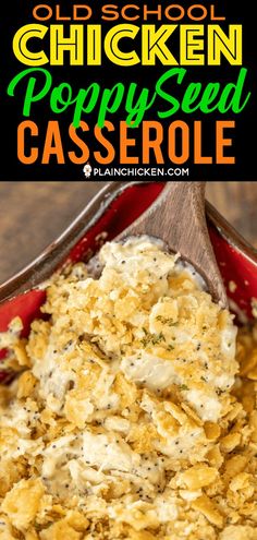 a red bowl filled with chicken poppy seed casserole