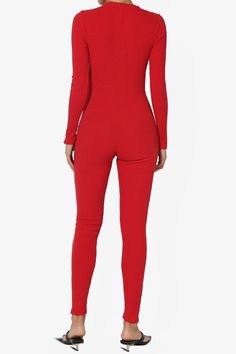 This sleek, long-sleeve front zip-up jumpsuit offers both style and comfort.Crafted from ribbed knit cotton blend, it features a form-fitting design to enhance your curves.Its high waist and stretch fabric provide a flattering fit for any body type.Perfect for casual outings or lounging, it pairs well with sneakers or boots for a versatile look.Zip-Up Jumpsuit: A sought-after feature for easy wear and a touch of edge.Long Sleeve Comfort Unitard: Ideal for transitional fashion and cooler evenings Long Sleeve Elastane Bodysuit For Loungewear, High Stretch Unitard For Loungewear In Fall, Red Stretch Jumpsuits And Rompers For Fall, Red Long Sleeve Jumpsuits And Rompers For Loungewear, Winter Stretch Jumpsuits And Rompers In Solid Color, Red Long Sleeve Jumpsuit For Loungewear, Red Fitted Bodysuit For Winter, Fitted Red Bodysuit For Winter, Long Sleeve Ribbed Jumpsuits And Rompers For Loungewear