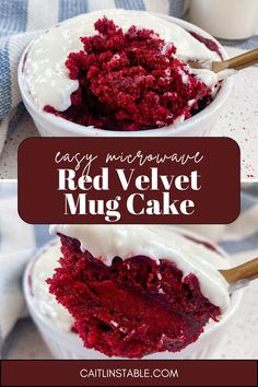 red velvet mug cake with whipped cream in it