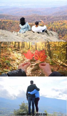 two people sitting on top of a mountain with autumn leaves