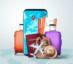 there are many different types of luggage on the world map and it is time to travel