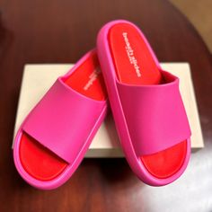 Trendy Jslides Brand. Eva Squish Beach Slides. Fuschia And Red. Never Worn! Super Comfortable And Cute! Size 10. Original Box With Original Sticker Included. Summer Pink Synthetic Slides, Sporty Pink Non-slip Slides, Red Rubber Sole Slip-on Slides, Pink Non-slip Slides For The Beach, Pink Non-slip Beach Slides, Beach Slides, Pink Red, Women's Shoes Sandals, Shoes Sandals