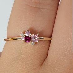 "Ruby Diamond Ring / Cluster Diamond Ring / Cluster Gemstones Ring / Personalized Birthstone Rings / Pink Sapphire Ring / Ruby Ring / Anniversary ring / 14k Solid Gold Ring ♥ Features : * Made to Order. * Made in NYC. * Gold: Solid 14K( Also available in18K) *Width of band: 1.3mm * Choice of Gold: Yellow Gold, White Gold, Rose Gold, or Platinum * Gem Stone: Pink Sapphire, Ruby, Mined Diamond * Stones details: * 2PCS Round Diamonds 1.5mm each Diamond Color-Clarity: G Color SI Clarity * 1 Square P Diamond Cluster Birthstone Ring For Gift, Cluster Diamond Birthstone Ring As Gift, Cluster Diamond Ring With Birthstone For Gift, Diamond Cluster Birthstone Ring With Accent Stones, Cluster Diamond Ring With Birthstone As Gift, Cluster Birthstone Diamond Ring For Gift, Pink Multi-stone Cluster Ring As A Gift, Diamond Cluster Ring With Multi-stone For Promise, Birthstone Cluster Ring With Accent Stones As Gift