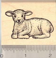 a rubber stamp with an image of a lamb on it's side and a ruler in front of it