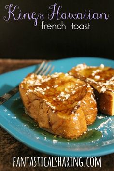 two pieces of french toast on a blue plate