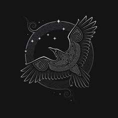 a black and white drawing of a bird flying over the moon with stars on it