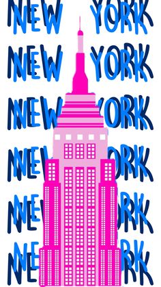 the new york city building is shown in pink and blue letters on a white background