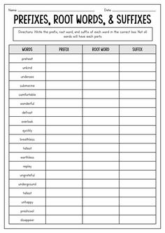 a printable worksheet for reflexs, root words and suffxes