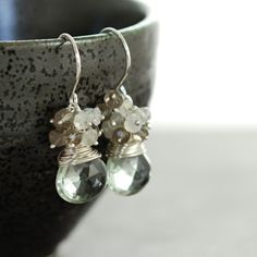 Gemstone Earrings, Green Amethyst Moonstone Smoky Quartz Clusters, Sterling Silver, Handmade Luxury Silver Cluster Earrings With Gemstones, Silver Briolette Earrings With Gemstone Accents, Silver Green Amethyst Earrings For Gift, Elegant Faceted Green Amethyst Earrings, Amethyst Multi-stone Earrings As Gift, Teardrop Multi-stone Amethyst Earrings, Silver Amethyst Multi-stone Earrings, Moonstone Pendant Necklace, Earrings Handmade Dangle