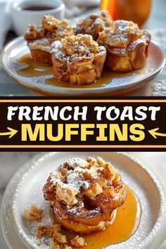 french toast muffins on a white plate topped with powdered sugar