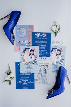 the wedding stationery is laid out with blue shoes and bride's brochures