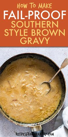 a pot filled with brown gravy on top of a table