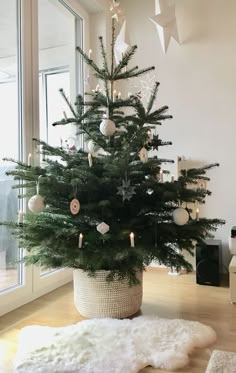 a small christmas tree in a pot on the floor