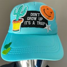 New Trucker With Embroidered Patches Teal Trucker Hat Adjustable Back Embroidered Patches, Trucker Hat, Blue Green, Color Blue, Hats, Green, Women Shopping, Blue, Color