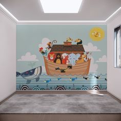 an empty room with a wall mural depicting noah's ark in the ocean and animals on it