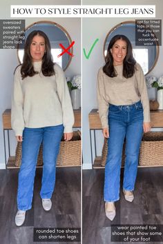 how to style straight leg jeans fall Straight Leg Jeans Outfits Fall, Jeans Outfits Fall, Frumpy To Fabulous, Straight Leg Jeans Outfit, Style Straight Jeans, Stylish Jeans Outfit, Fall Weather Outfits, Style Straight Leg Jeans, Straight Jeans Outfit