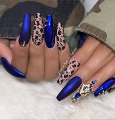 Blue Cheetah Nails, Acrylic Blue Nails, Blue Nails Design, Ongles Bling Bling, Blue Coffin Nails, Royal Blue Nails, Navy Blue Nails, Light Blue Nails