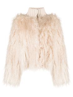 beige silk blend faux-fur detailing knitted construction high neck front button fastening long sleeves straight hem Beige Fur Coat Outfit, Beige Fur Coat, Oversized Faux Fur Coat, White Faux Fur Jacket, Fur Coat Outfit, White Faux Fur Coat, Stand Studio, Chic Leather, Ami Paris