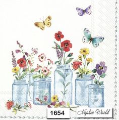 four glass jars with flowers and butterflies in them on a white paper napkin that says,