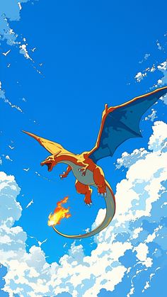 a dragon flying through the air with clouds in the background