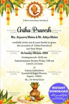 Ganesha Cream Housewarming Invitation Card Traditional Floral Accents