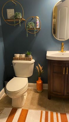 a white toilet sitting next to a sink in a bathroom on top of a rug