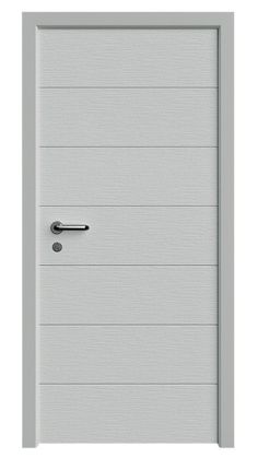 a white door with black handle on the front and side paneled in grey wood