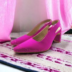 Our design Blush is simply dreamy. These hot pink heels are handmade upon order with attention to every detail. The elegant pointed pumps are fully lined with premium quality vegan leather and lycra for extra comfort and durability. They feature a  pink pipework zardozi embroidery on the toe cap area and the heel. The pump comes with a height of 3 inches. Whether you choose the Blush shoes for your wedding day or for a special event these stunners will be an ultra-stylish addition to your wardro Blush Shoes, Hot Pink Heels, Zardozi Embroidery, Heels Wedding, Wedding Pumps, Pointed Pumps, Bridal Heels, Wedding Heels, Pink Heels