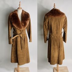 Vintage Genuine Suede Penny Lane Faux Fur Trim Belted Trench Coat Brown Small Amazing 70s Vintage Coat Genuine Leather Suede Faux Fur Collar Faux Sherpa Lining Tie Belt At Waist Great Conditoin, Just Light Wear To Suede. Has A Light “Vintage” Smell, No Smoke Or Moth Ball Scent. No Size, Fits A Small Color Is Closer To Cover Shot, Not As Yellow Looking As The Other Photos!! Across Bust: 18.5” Length: 41” Shoulder To Cuff: 22.5” Items Come From Unknown Previous Owners Who May Have Owned Pets, Smoked, Or Used Scented Detergents/Perfumes That Are Residual After Our Sanitizing. Preowned Clothing May Have Lint Or Fibers (I Do My Best To Remove Any). This Is Especially Common In Vin Trench Coat Brown, Belted Trench Coat, Penny Lane, 70s Vintage, Vintage Coat, Faux Fur Collar, Vintage Jacket, Fur Collar, Vintage Brown