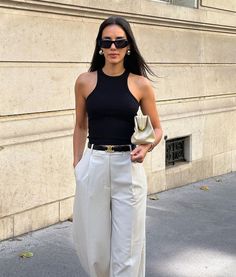 Black Tank Top Outfit Summer, High Waisted Pants With Belt, Black Tank Top Outfit, Cream Pants Outfit, Tailored Pants Outfit, Black Tank Tops Outfit, Beige Pants Outfit, Slacks Outfit, Belt Outfit